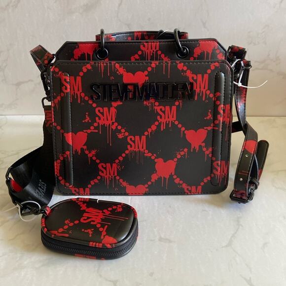New Viral Black & Red Steve Madden Dripping Hearts Bevelynh Bag Halloween Blood - Picture 1 of 8